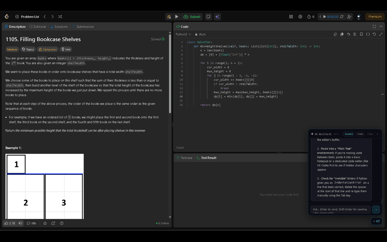 The AI chat panel open beside a LeetCode problem